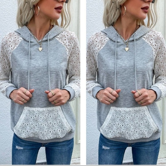 Lace Raglan Sleeve Drawstring Hoodie - Picture 1 of 7